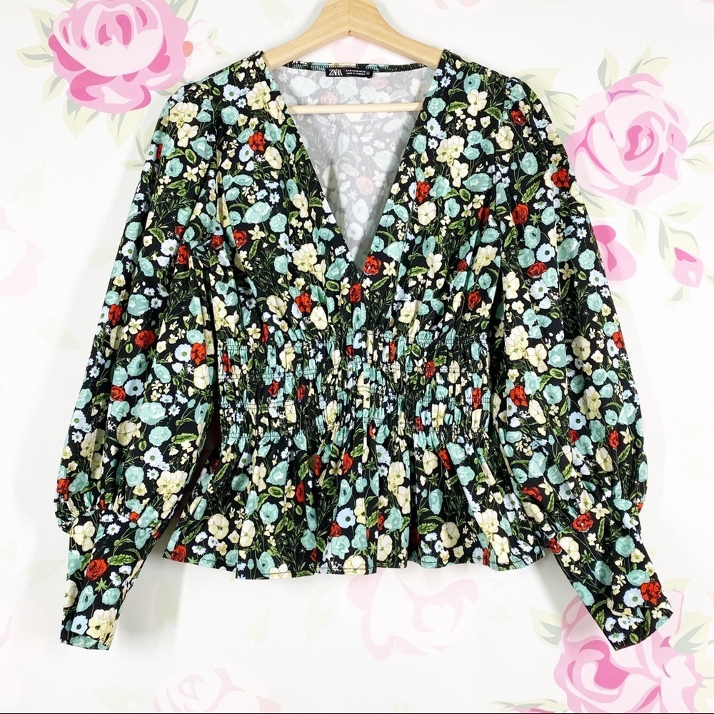 ZARA Blouse S Floral Cottagecore Peplum Long Puff Sleeves